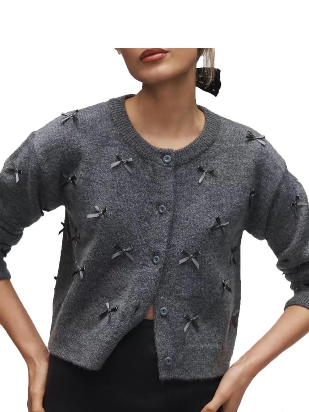 Grey Bow-Appliqué Button Cardigan Sweater